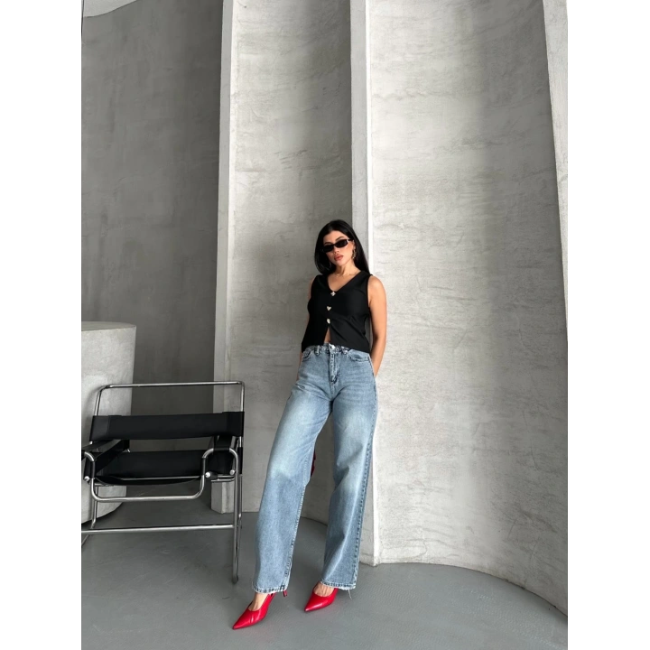 Palazzo straight kar yıkama jeans pantolon mavi d2008