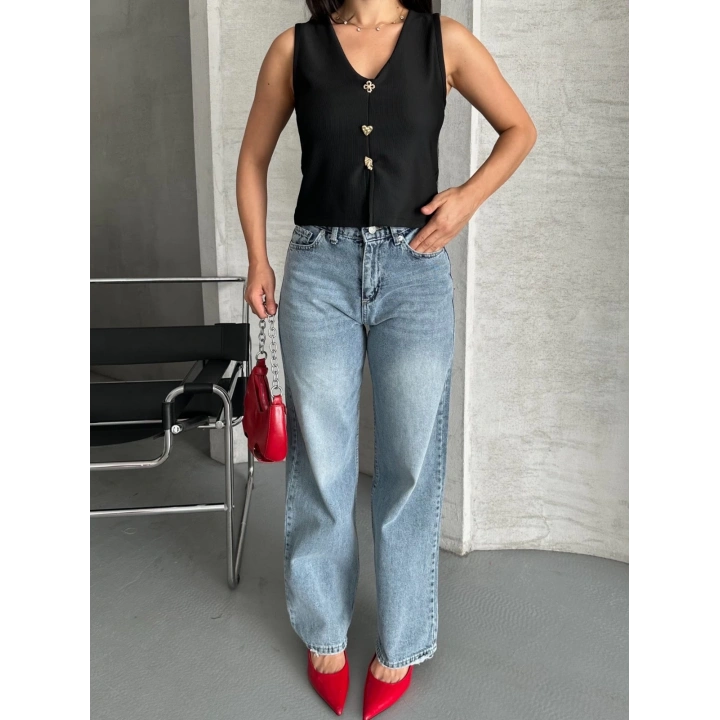 Palazzo straight kar yıkama jeans pantolon mavi d2008