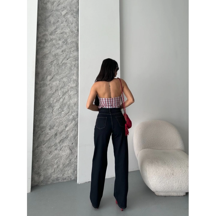 Palazzo süper taş enzim tint yıkama koyu lacivert jeans pantolon d2008