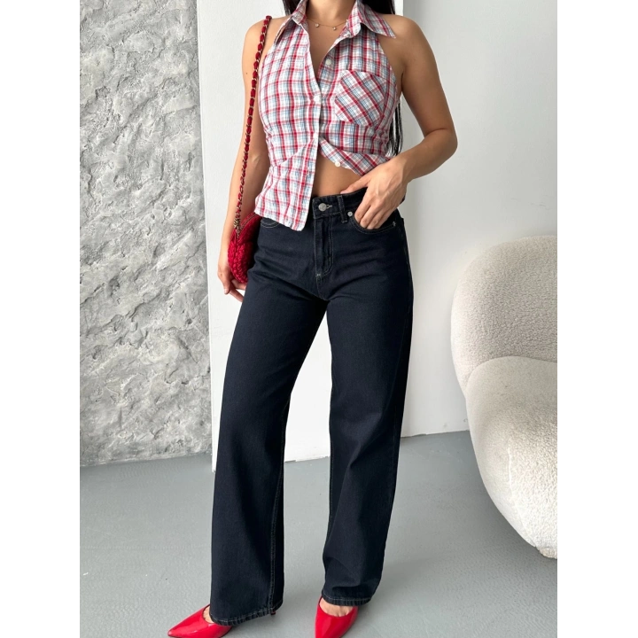 Palazzo süper taş enzim tint yıkama koyu lacivert jeans pantolon d2008