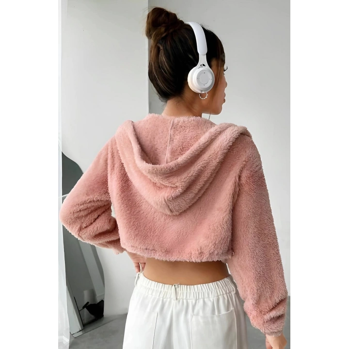 Peluş ceket kapşonlu pudra