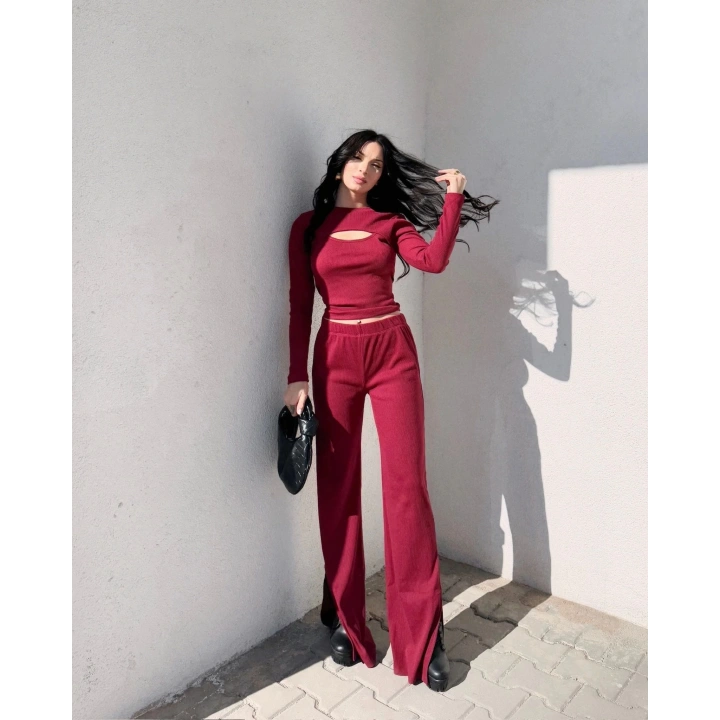 Pencereli detaylı alt üst takım bordo w3864