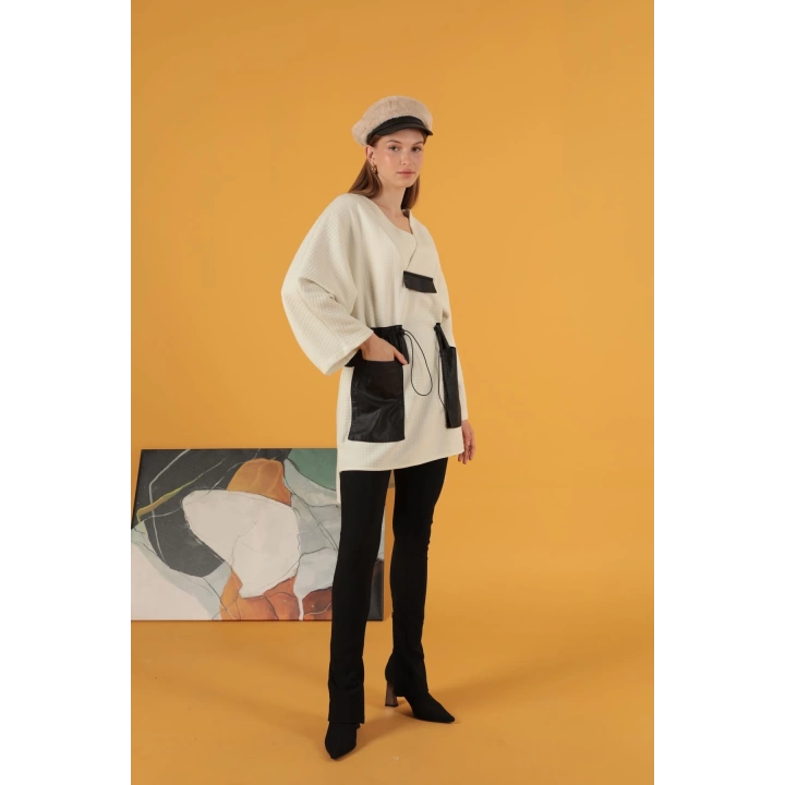 Petek Kumaş Garnili Oversize Kadın Sweat-Ekru