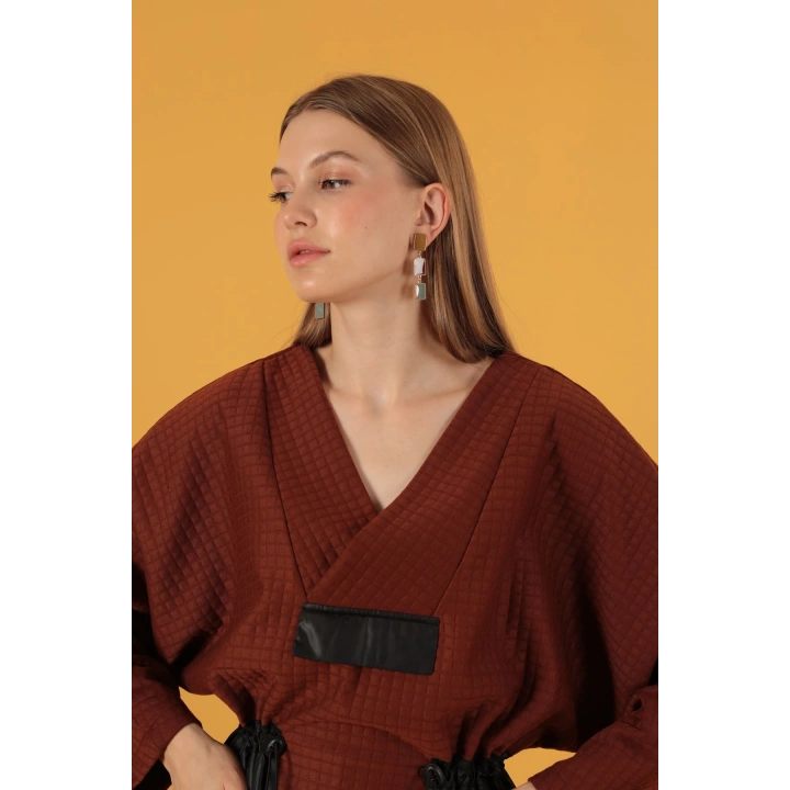 Petek Kumaş Garnili Oversize Kadın Sweat-Kahve