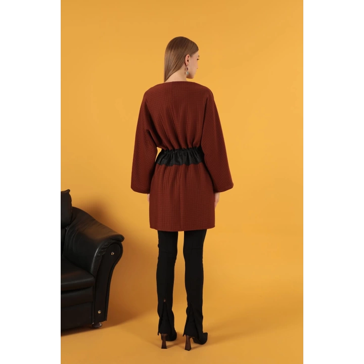 Petek Kumaş Garnili Oversize Kadın Sweat-Kahve