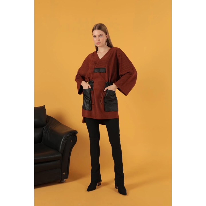 Petek Kumaş Garnili Oversize Kadın Sweat-Kahve