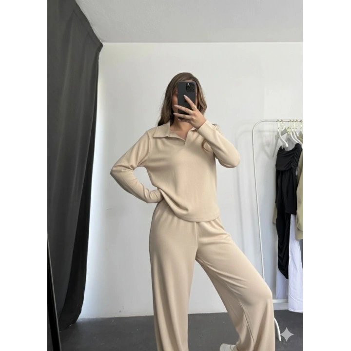 Polo yaka alt üst kollu modal takım bej pt
