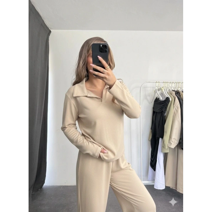 Polo yaka alt üst kollu modal takım bej pt