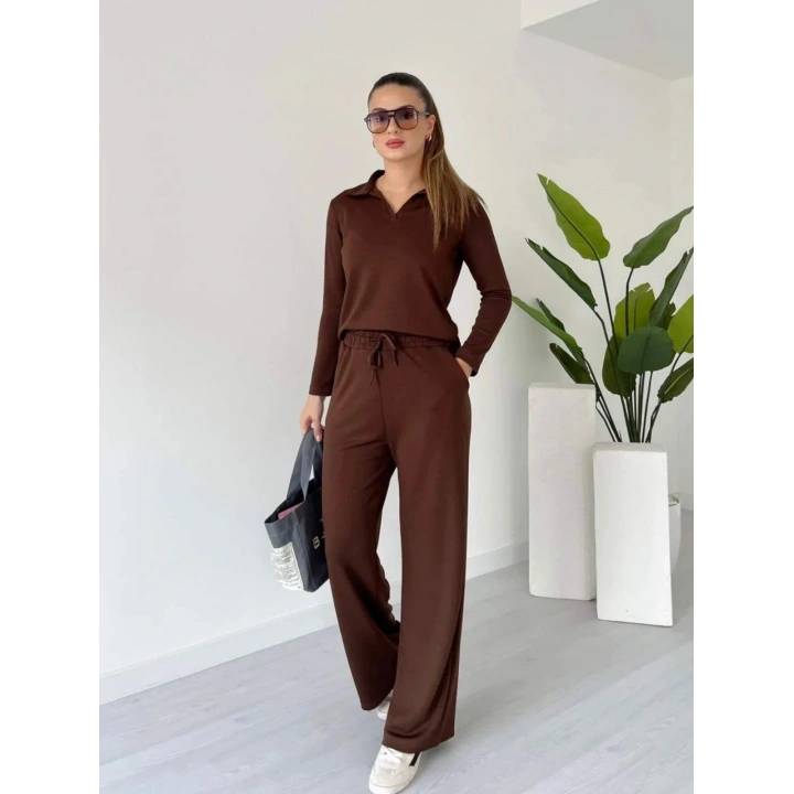 Polo yaka alt üst kollu modal takım kahve pt