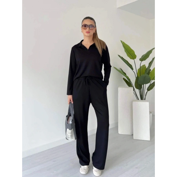 Polo yaka alt üst kollu modal takım siyah pt