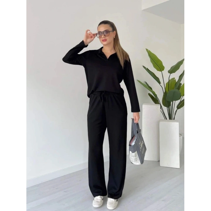 Polo yaka alt üst kollu modal takım siyah pt