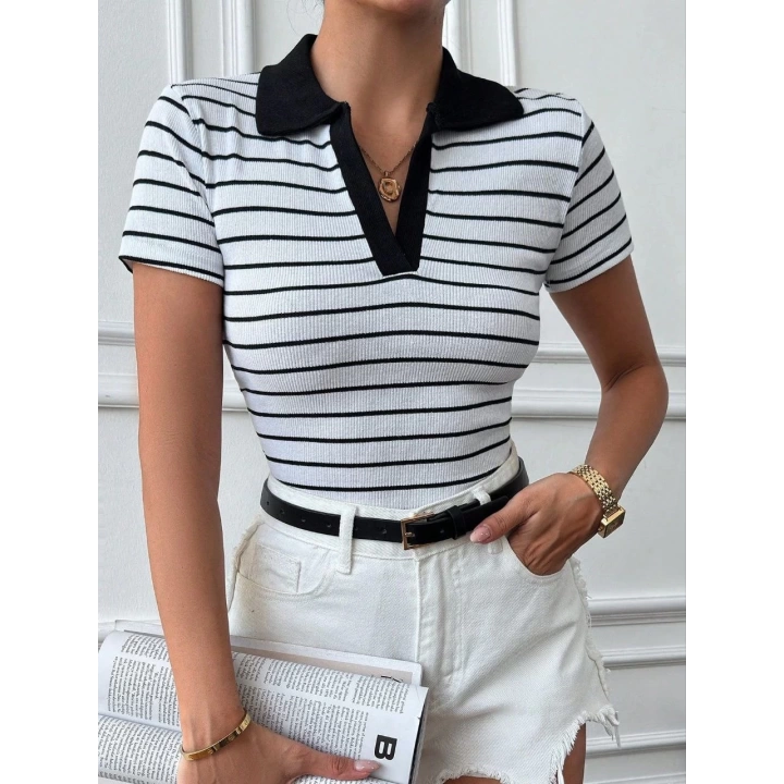 Polo yaka garnili bluz Beyazsiyah
