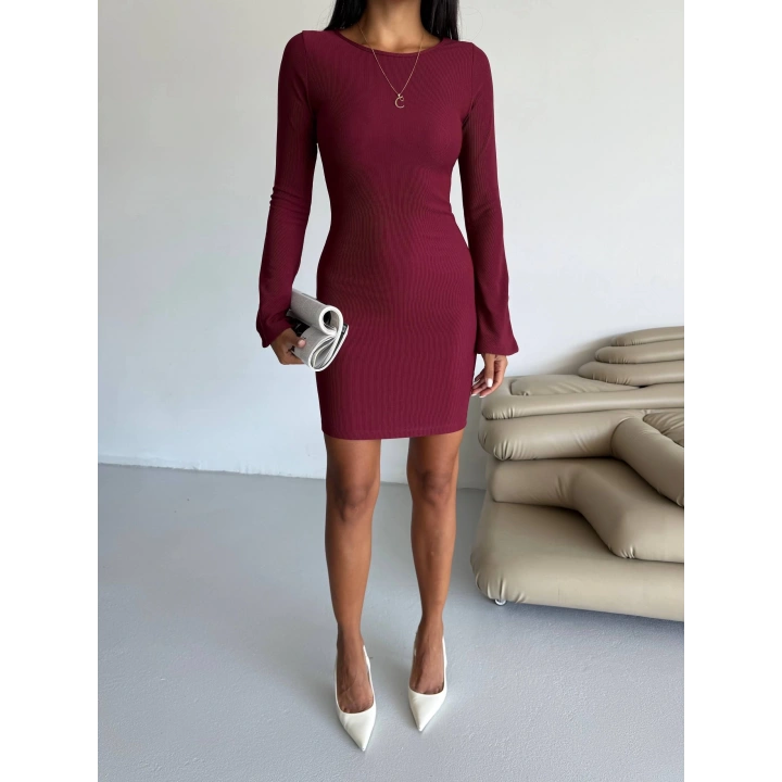 Prenses kol esnek kumaş elbise bordo f2334