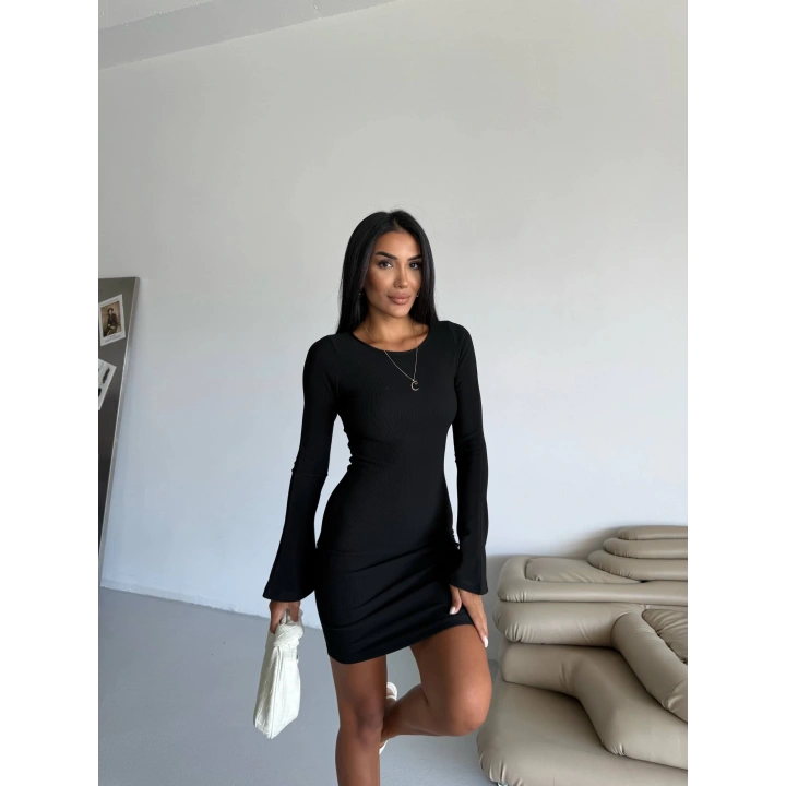 Prenses kol esnek kumaş elbise siyah f2334