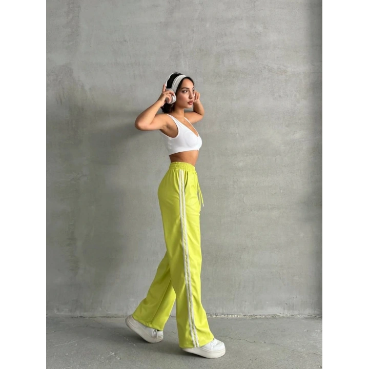 Şeritli deri pantolon yeşil h26430