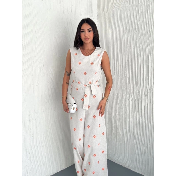 Sırt dekolteli keten beyaz tulum S1036