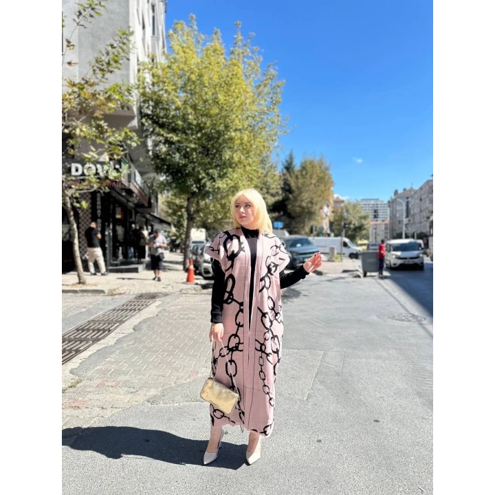 Siyah çizgi desenli elbiseli hırka takım pudra siyah