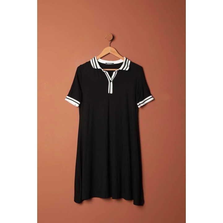 Süprem Kumaş Polo Yaka Elbise-Siyah