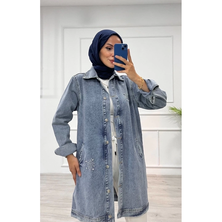 Taşlı tunik ceket kar yıkamalı mavi d2516
