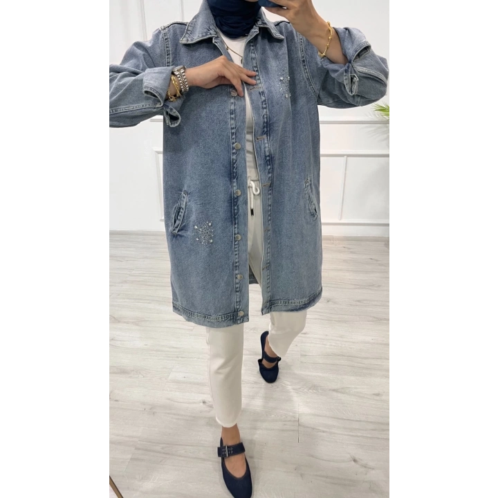 Taşlı tunik ceket kar yıkamalı mavi d2516