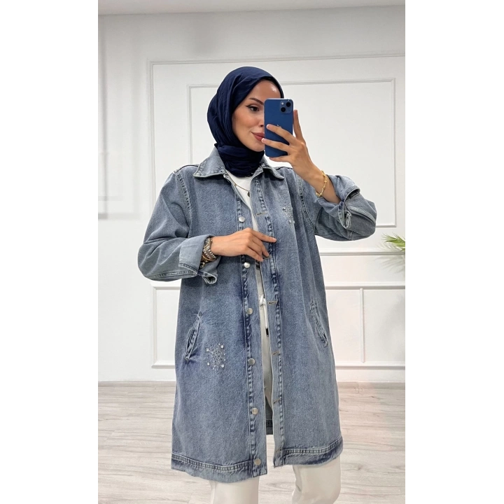 Taşlı tunik ceket kar yıkamalı mavi d2516