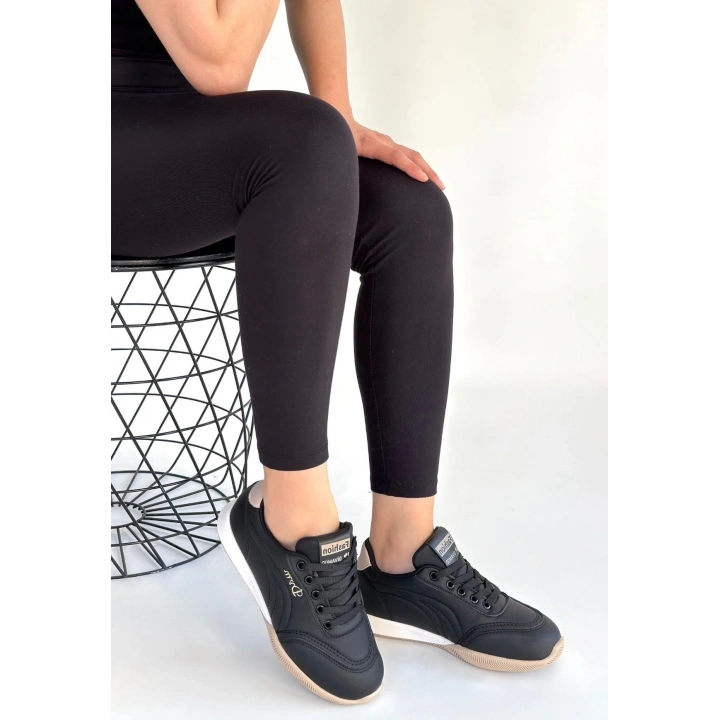 Tawen Siyah Cilt Bej Tabanlı Bağcıklı Spor Ayakkabı