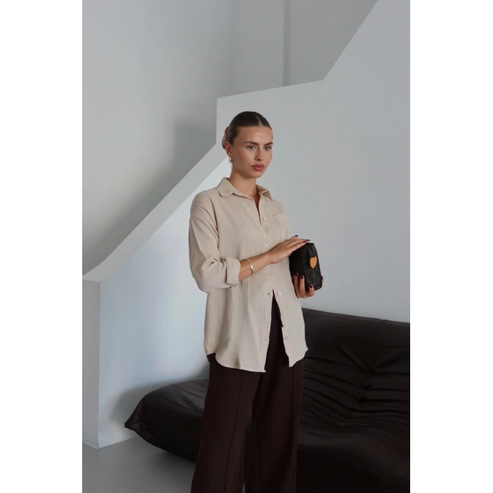 Tek cepli müslin gömlek bej pt