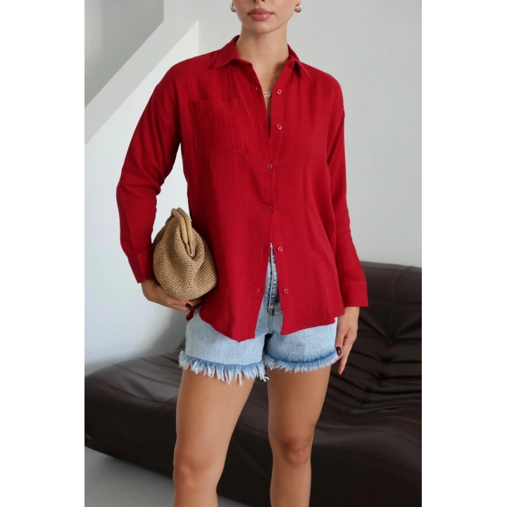 Tek cepli müslin gömlek bordo pt