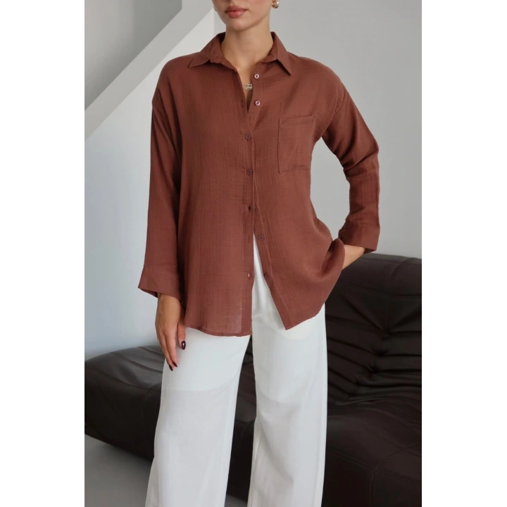 Tek cepli müslin gömlek kahve pt