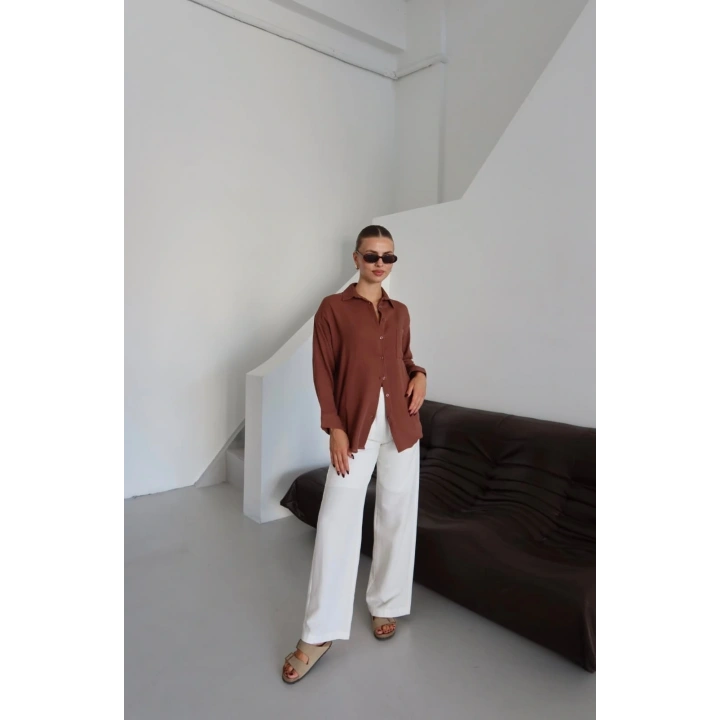 Tek cepli müslin gömlek kahve pt