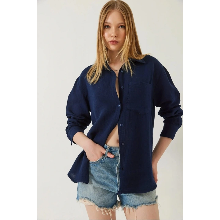 Tek cepli müslin gömlek lacivert pt