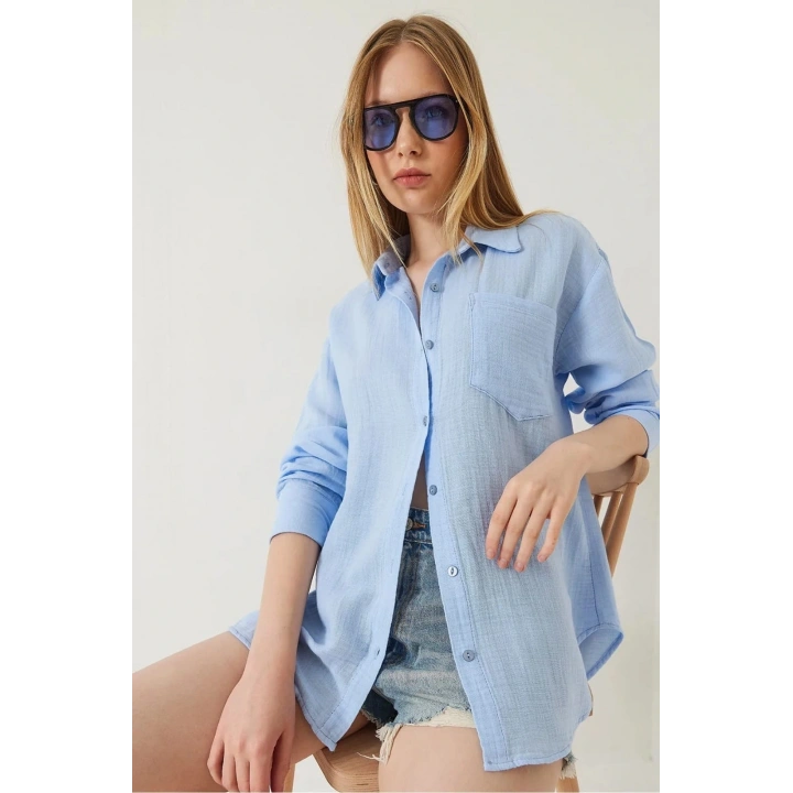 Tek cepli müslin gömlek mavi pt