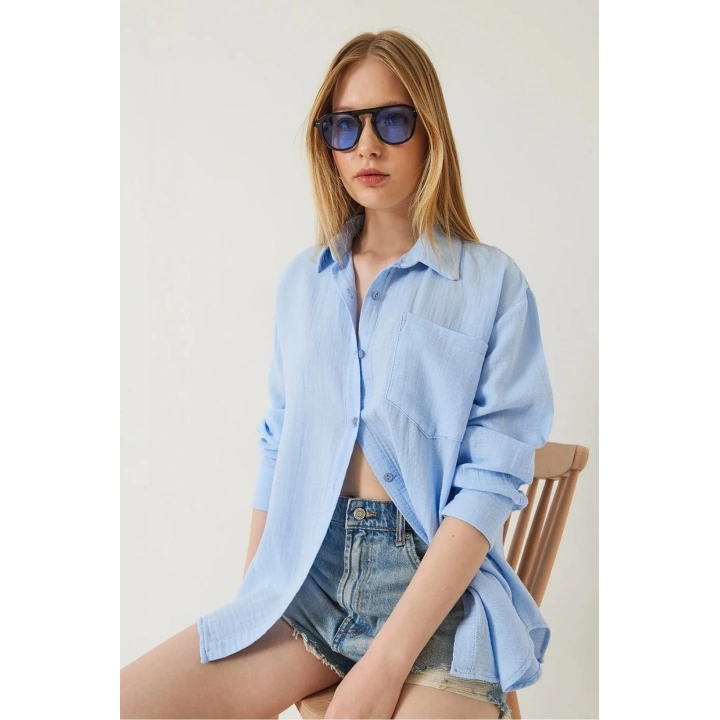 Tek cepli müslin gömlek mavi pt
