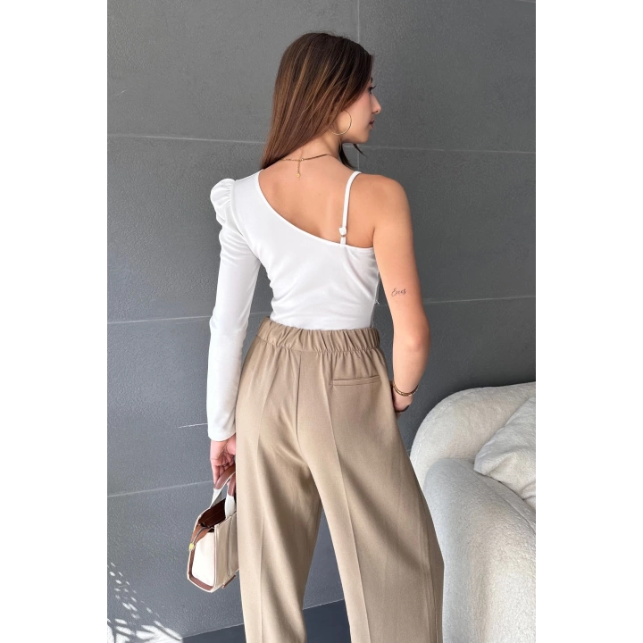 Tek Omuz Tül Detaylı Crep Bluz