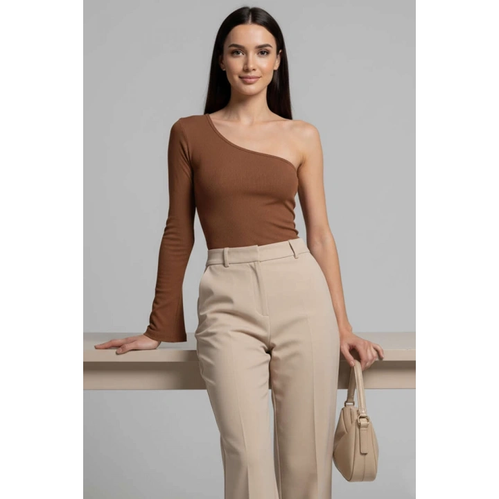 Tek Omuzlu Basic Bluz kahve T4275