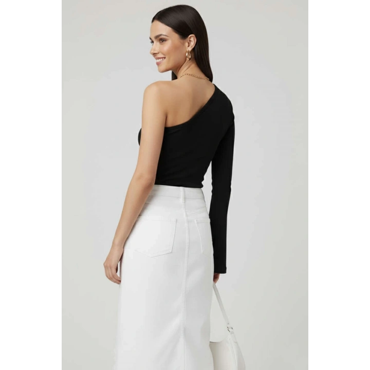 Tek Omuzlu Basic Bluz Siyah T4275