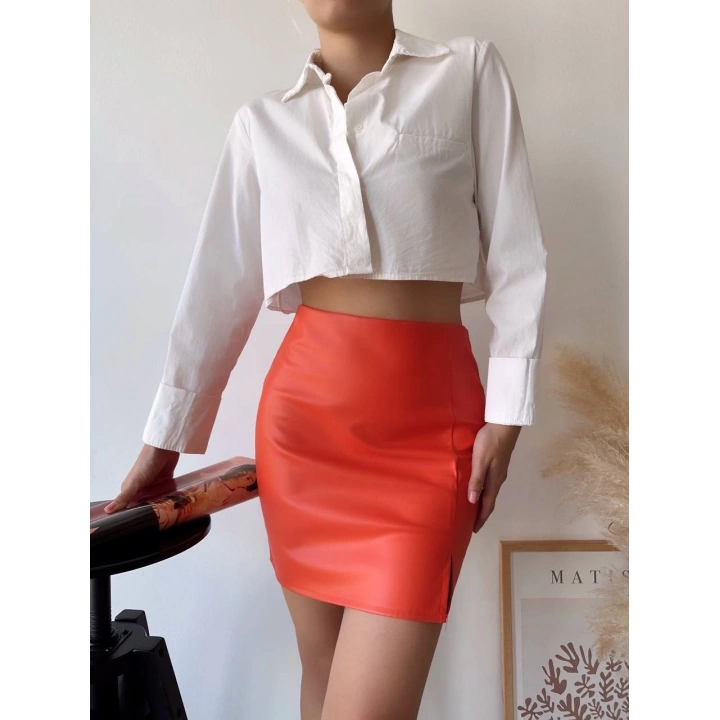 Tek yırtmaçlı arkadan fermuarlı deri etek turuncu s24475