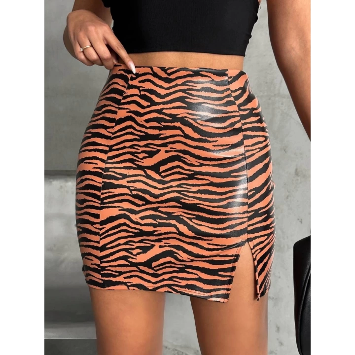 Tek yırtmaçlı zebra desenli deri etek kahvesiyah w24475-S