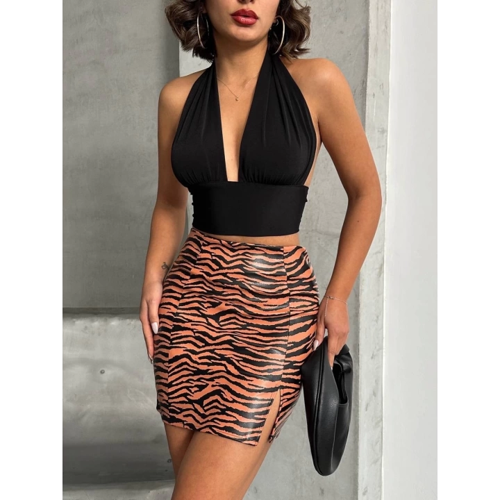 Tek yırtmaçlı zebra desenli deri etek kahvesiyah w24475-S