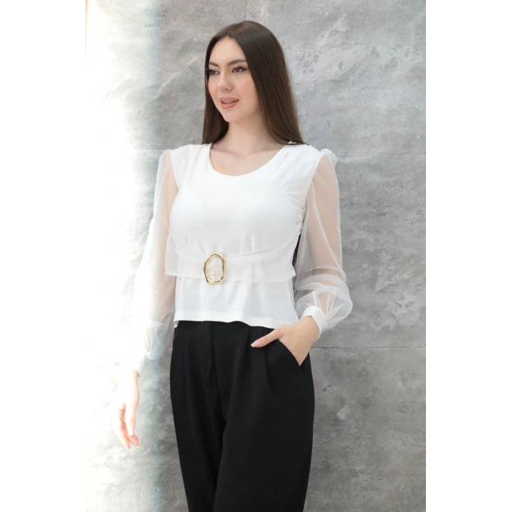 Tokalı tül kollu bluz beyaz t4071