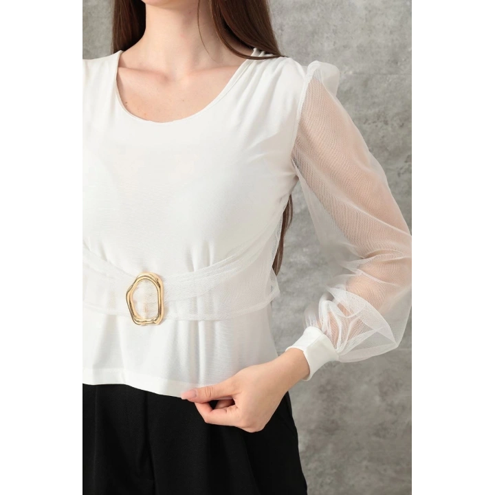 Tokalı tül kollu bluz beyaz t4071