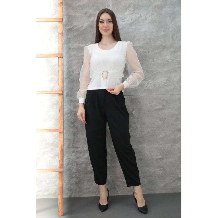 Tokalı tül kollu bluz beyaz t4071
