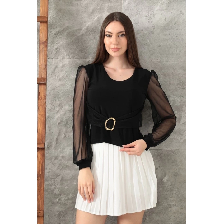 Tokalı tül kollu bluz siyah t4071