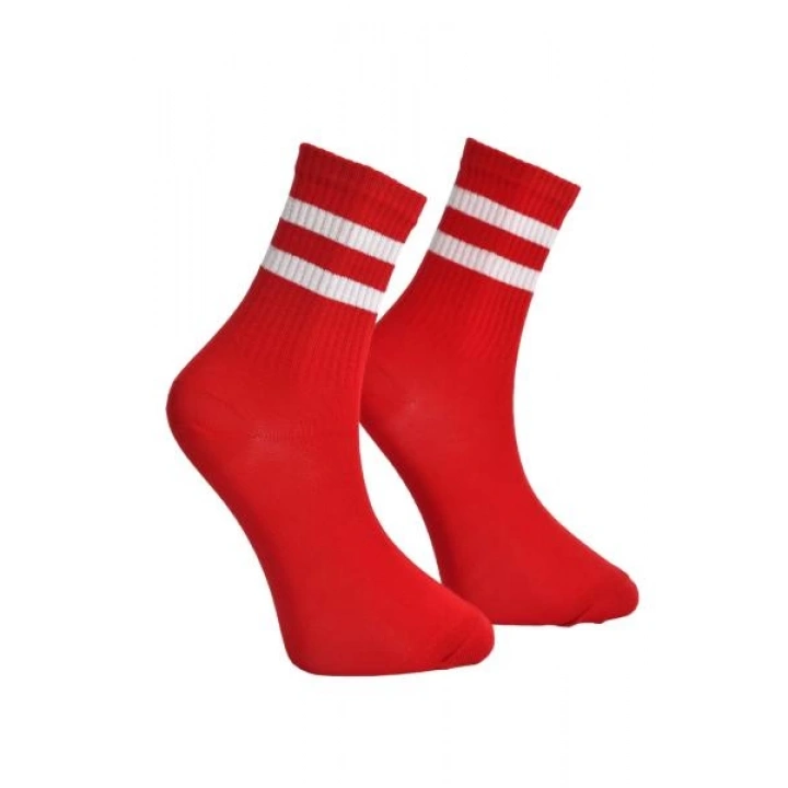 Unisex Beyaz Çift Şeritli Çorap Kırmızı - LksÇrp09