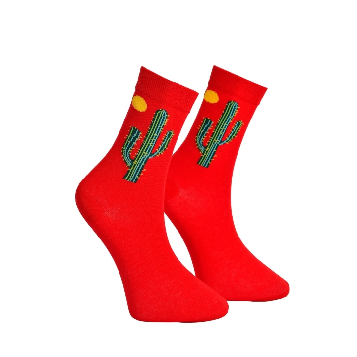 Unisex Kaktüs Desenli Çorap Kırmızı - LksÇrp06