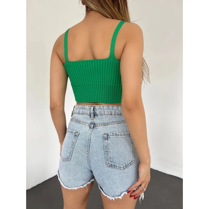 V Yaka Askılı Crop Triko Büstiyer Yeşil - DF2202