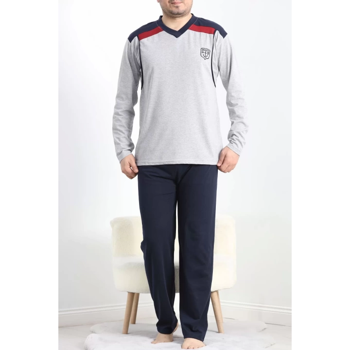 V Yaka Erkek Pijama Takımı Gri - 40069.1838.