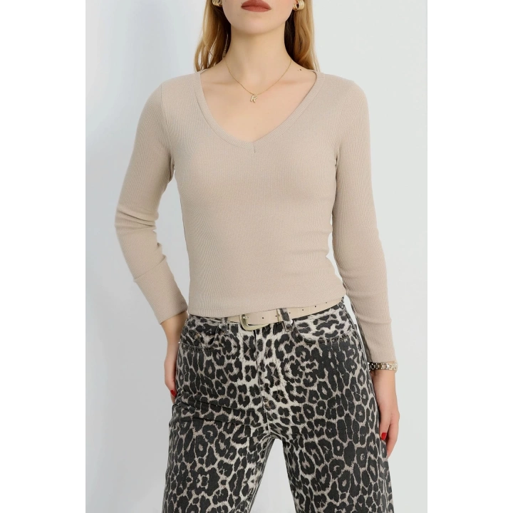 V yaka kaşkorse bluz bej a3699