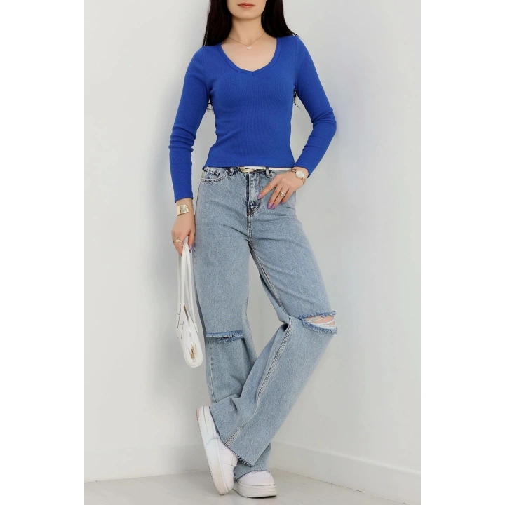 V yaka kaşkorse bluz saks mavisi a3699