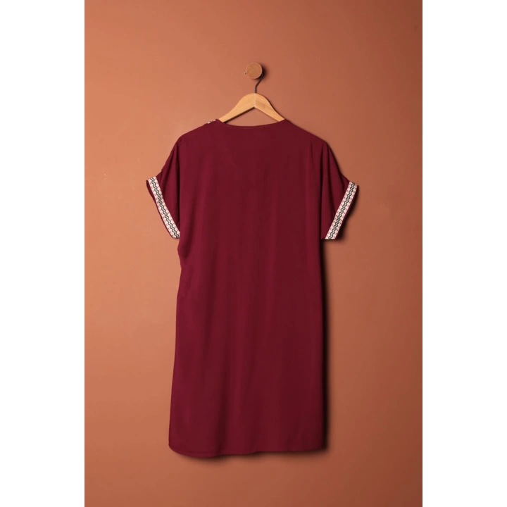 Viskon Kumaş Yakası Kolu Şerit Detaylı Elbise-Bordo